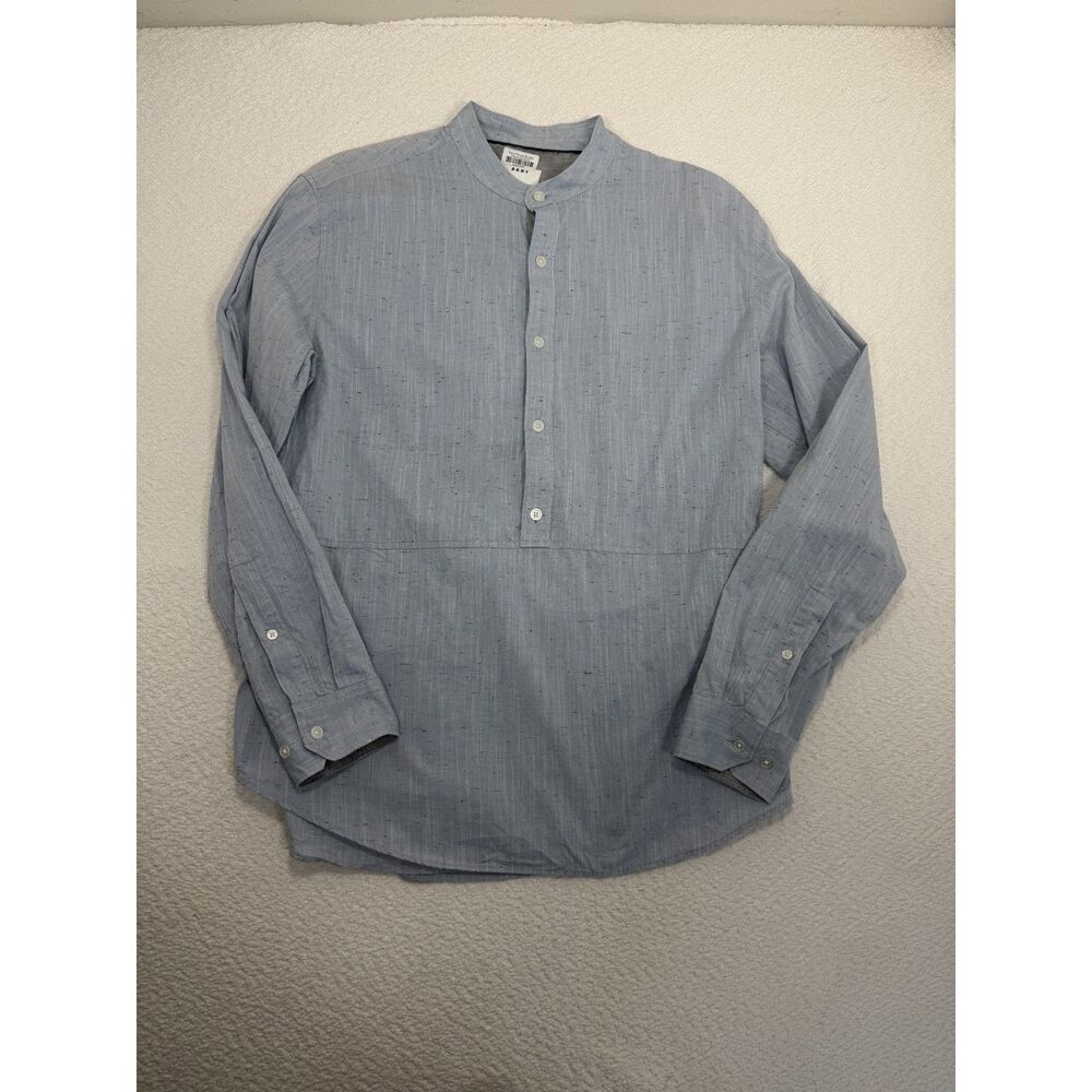 DKNY Mens M Blue Band Collar Pullover Shirt 100% Cotton Long Sleeve SP17
